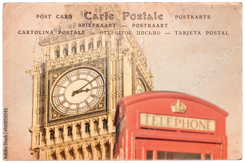 Big Ben and a red english phone booth in London, UK, collage on sepia vintage postcard background, word "postcard" written in several languages