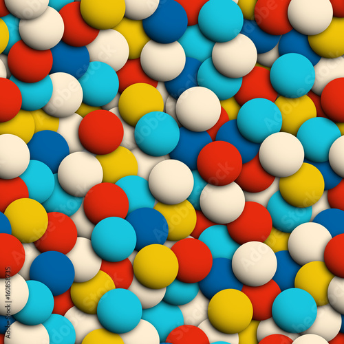 Abstract colorful spheres seamless 3d like texture. Overlapping circles chaotic or ball pit seamless pattern. Vector illustration for geometric design, background, wallpaper or textile purposes.