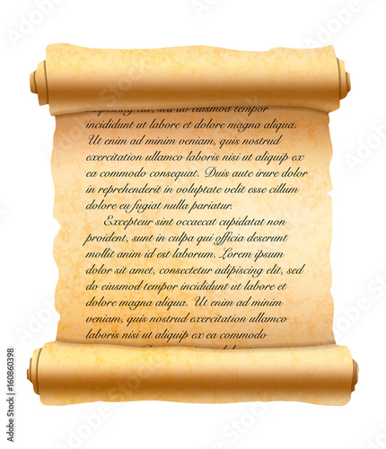 Abstract latin handwritten cursive text on old textured scroll on white