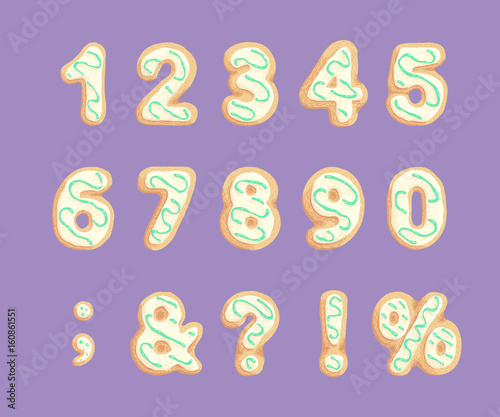 Set of numberss and punctuation marks . Shortbread cookies with mint glaze