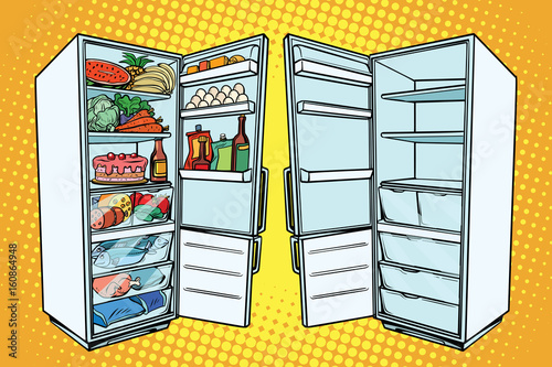 Two refrigerators. One with food and the other empty