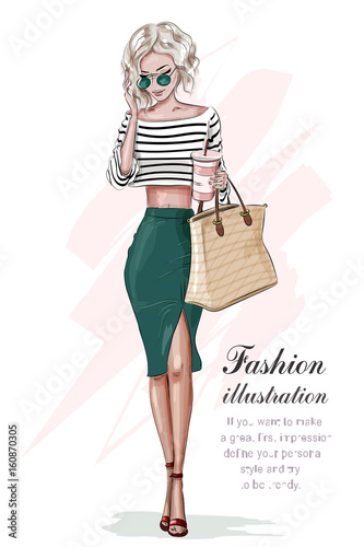 Stylish blonde girl in fashion clothes, with bag and coffee cup. Hand drawn beautiful girl. Fashion woman. Sketch. Vector illustration. 
