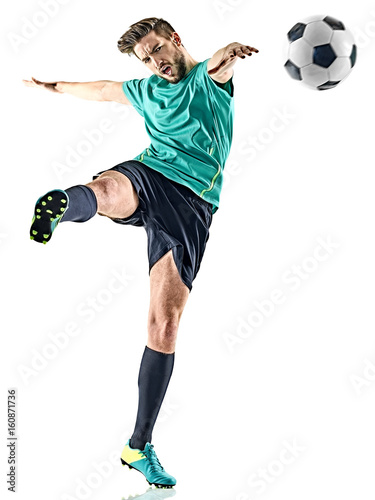one caucasian soccer player man isolated on white background