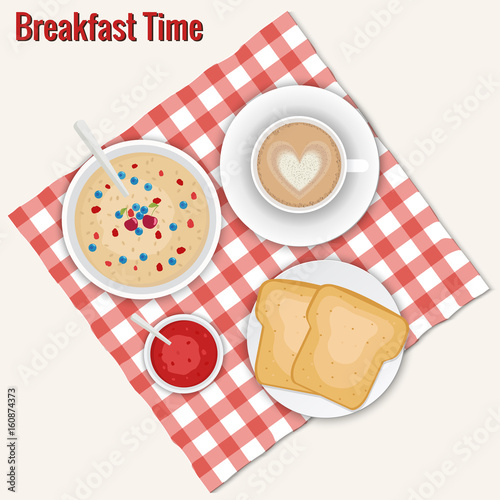 Coffee cappuccino, two  toasts, oatmeal and jam. Breakfast vector illustration