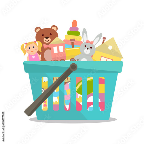 Shopping basket with toys. Vector illustration.
