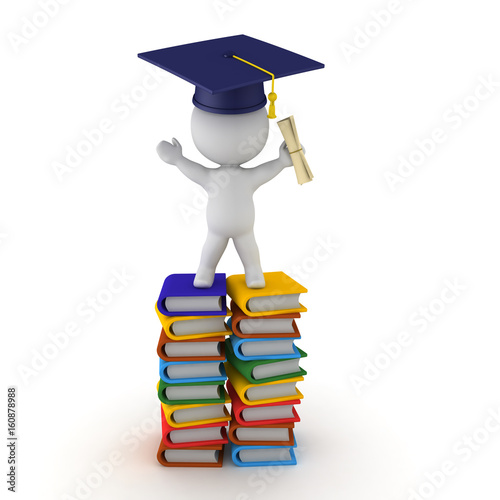 3D Character sitting on top of stack of books with diploma and graduation hat