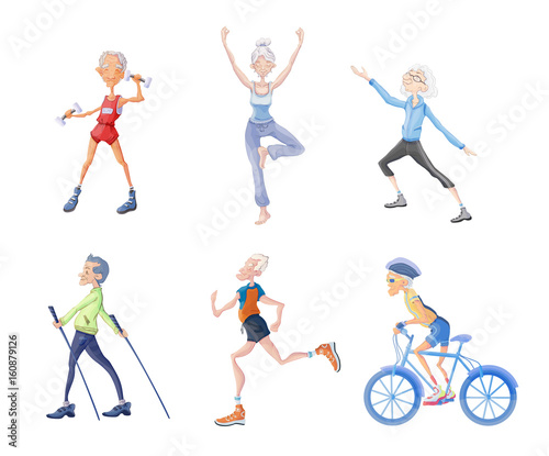 Healthy lifestyle in old age. Elderly people, men and women go in for sports, physical activity in the fresh air. Vector illustration, isolated on white background.