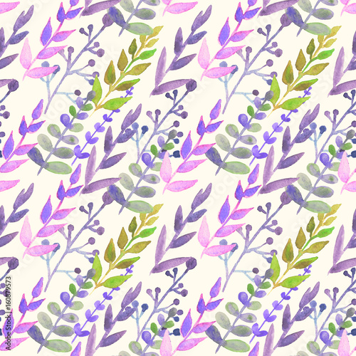 Seamless pattern with cute watercolor branches and leaves