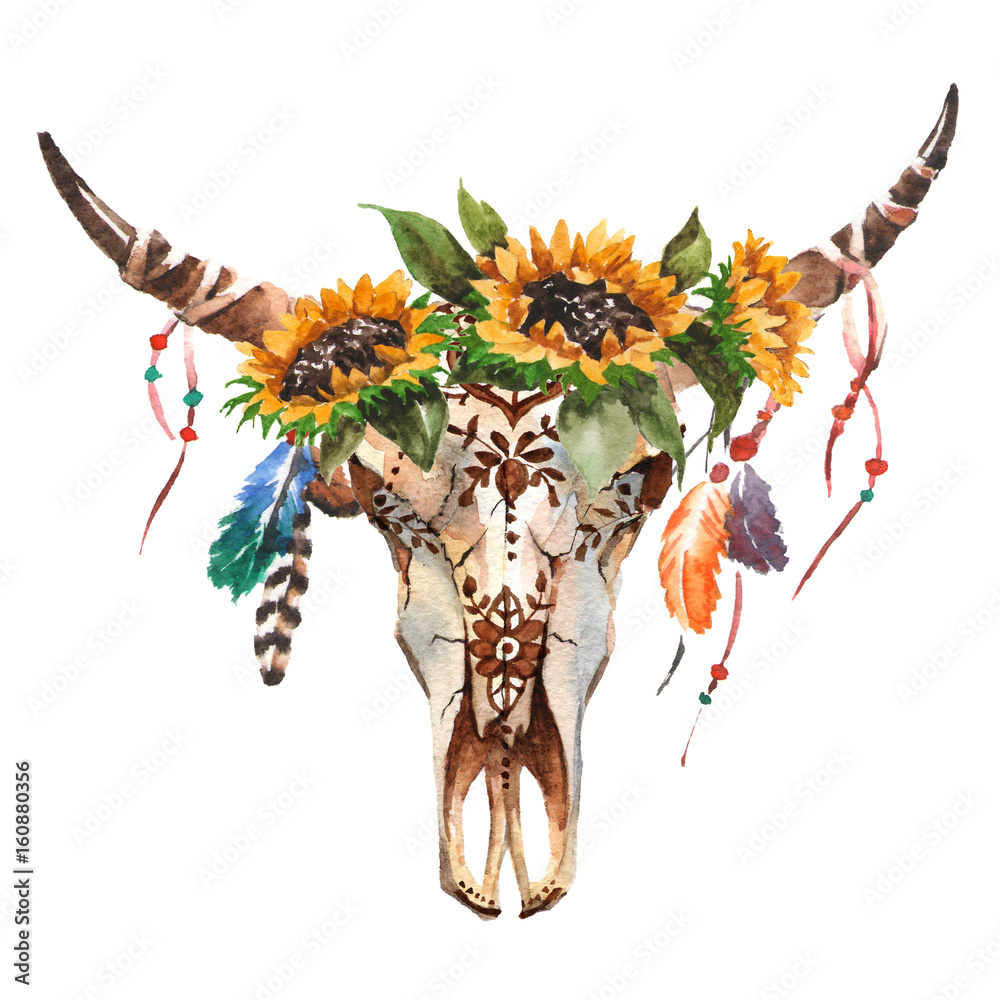 Watercolor isolated bull's head with flowers and feathers on white ...