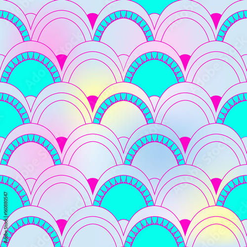 Seamless pattern of fish scales. Colorful universal fish and mermaid scales on rainbow background. Beautiful squama background for your design