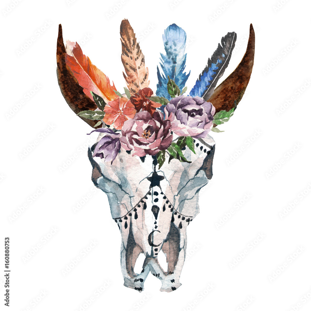 Watercolor isolated bull's head with flowers and feathers on white ...
