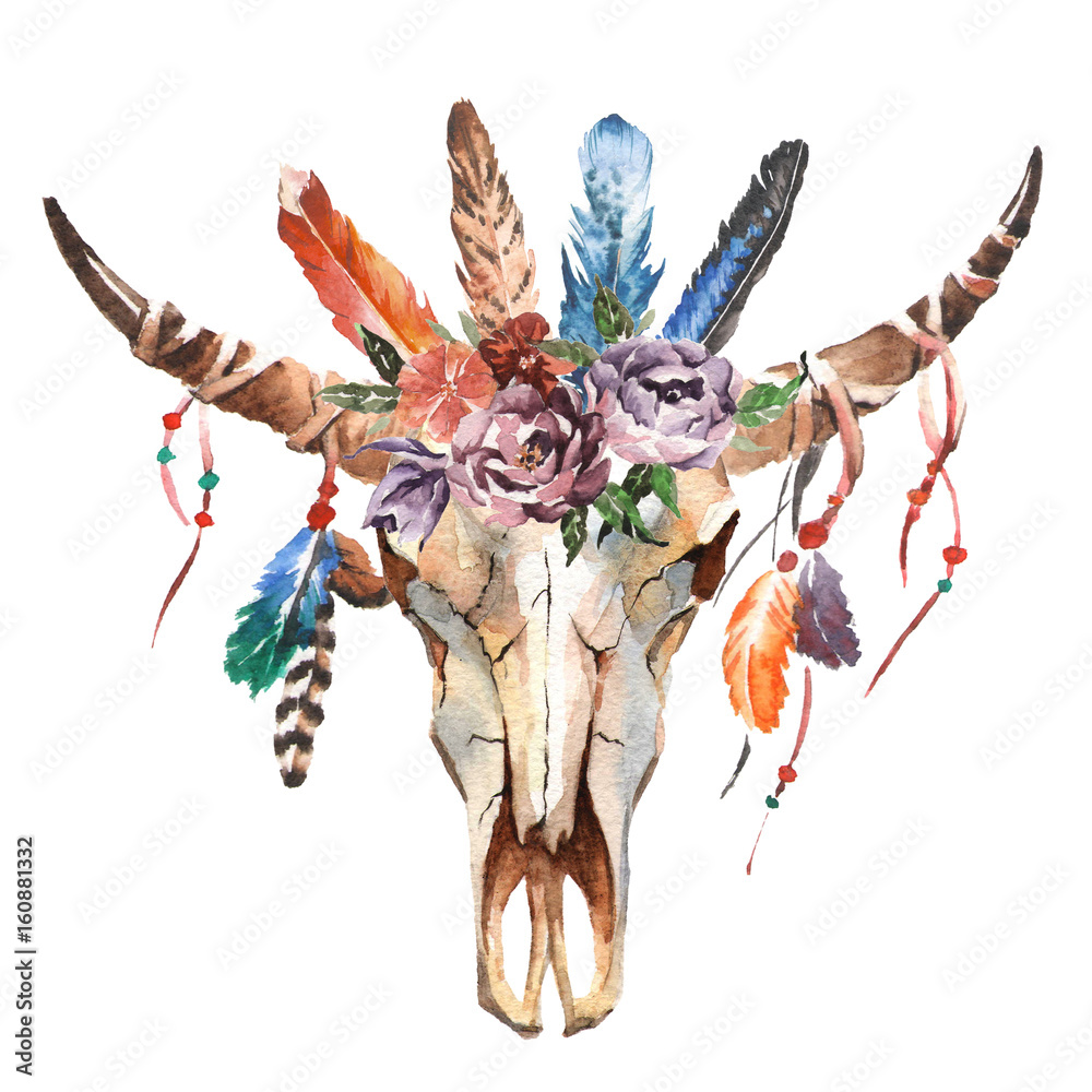 Watercolor isolated bull's head with flowers and feathers on white ...