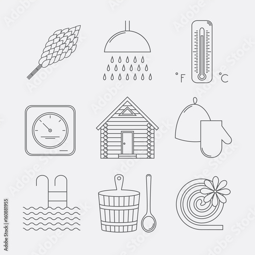 Set of sauna icons. Illustration of russian banya elements.