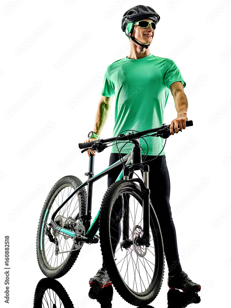 Fototapeta premium one caucasian man practicing man mountain bike bking isolated on white background with shadows
