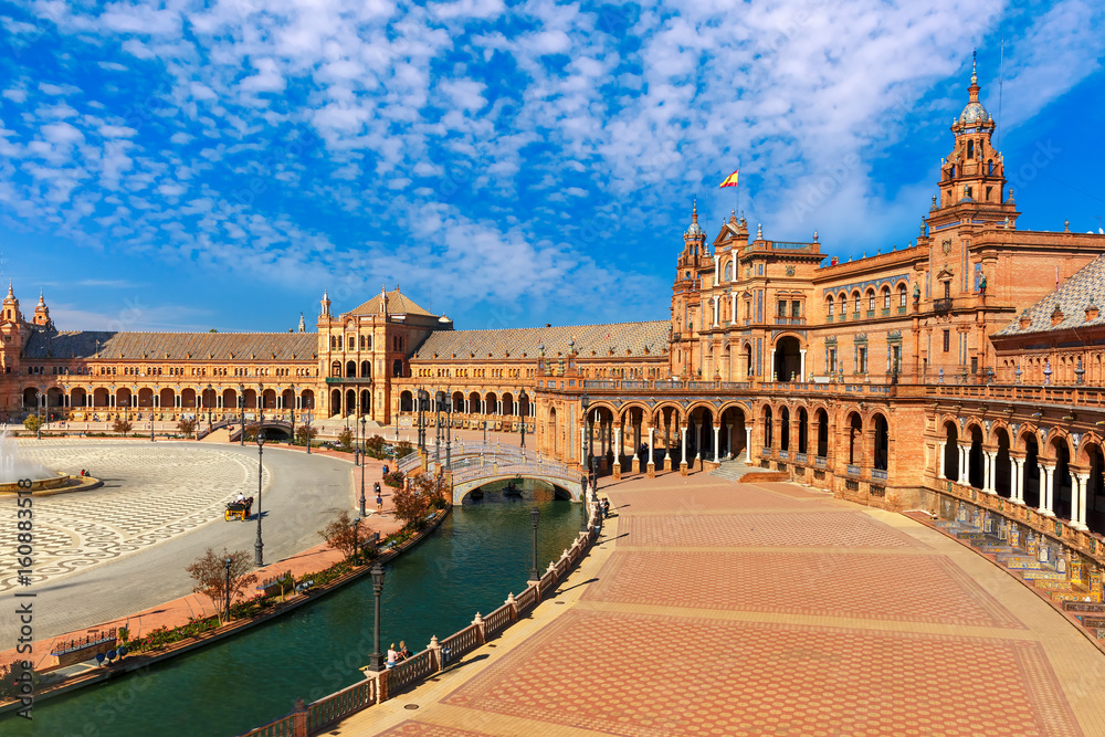 Spain Square or Plaza de Espana in Seville in the sunny summer day, Andalusia, Spain.
