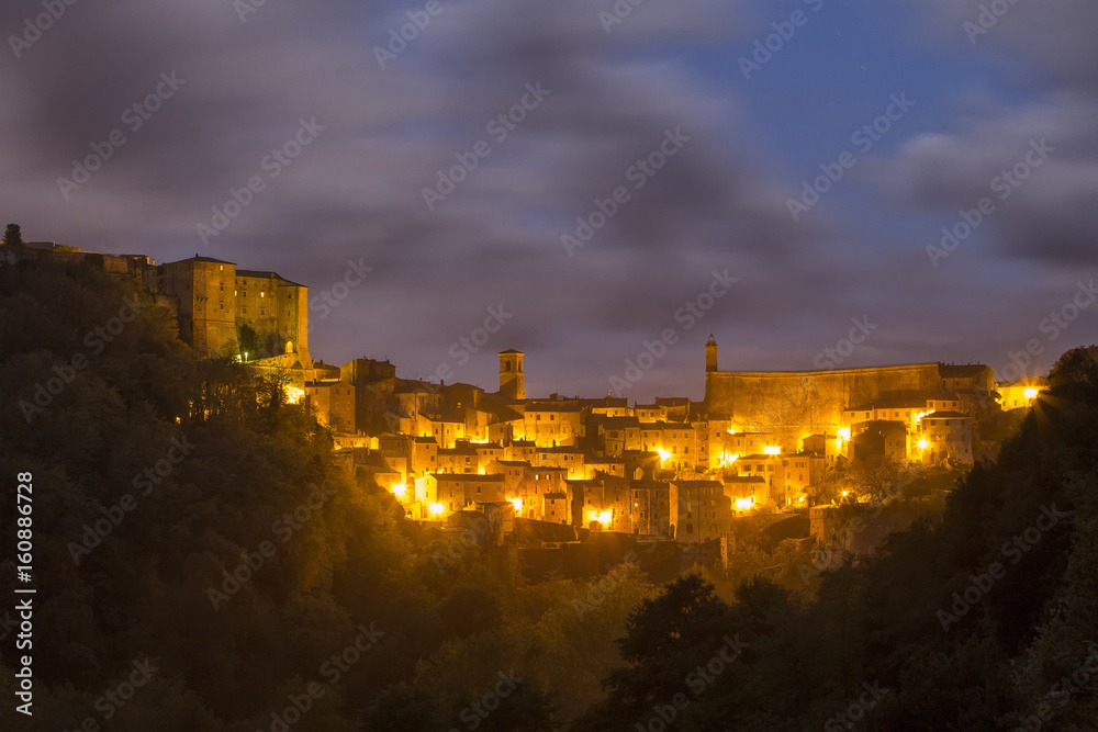 Village of Sorano at night.Sorano, Grosseto province, Tuscany, Italy, Europe Village of Sorano at night.Sorano, Grosseto province, Tuscany, Italy, Europe