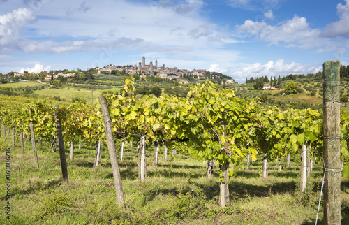 Historic centre of San Gimignano from vineyards in autumn. San Giminiano, Siena province, Tuscany, Italy, Europe photo