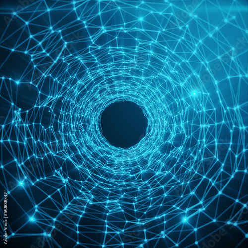 Fototapeta Naklejka Na Ścianę i Meble -  Abstract futuristic Speed Tunnel Warp. Abstract science fiction futuristic background. Abstract space background, geometry surfaces with connecting dots and lines on blue tint background, 3D rendering