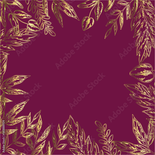 Decorative card with frame of detailed leaves and plants. Gold on red. Ready template for your design and lettering. Vector illustration
