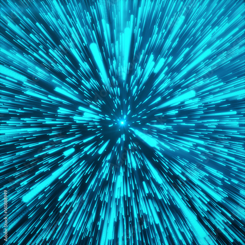 Abstract Background With Star Warp or Hyperspace. Abstract Exploding Effect. Hyperspace Travel. The Concept of Space Travel by Changing Time and Space. Blue tint background, 3D Rendering