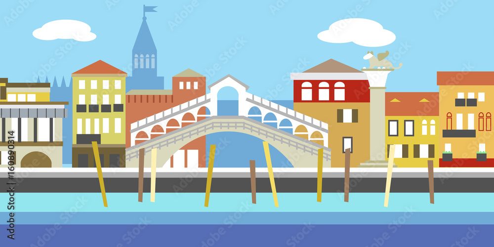 Vector illustration of European cityscape in simple style. Traditional landscape. Houses in the old European style. River channel.