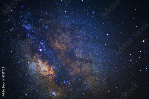 Close up of Milky way galaxy with stars and space dust in the universe, Long exposure photograph, with grain.