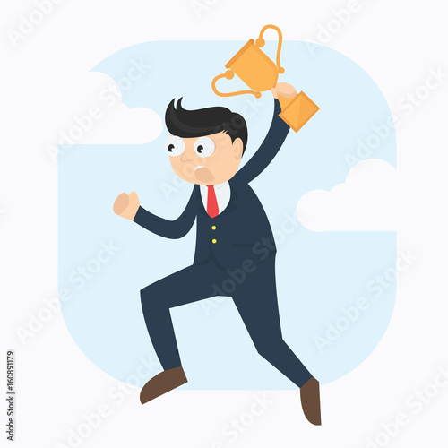 young businessman wth trophy winner jump to the sky cartoon vector illustration