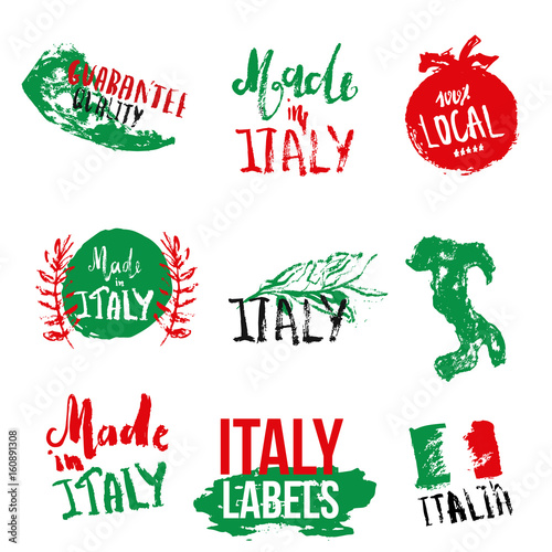 Set of Italian labels for product package in grunge hand drawn style with flag, map and lettering