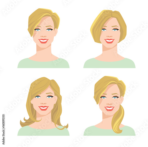 vector illustration of young woman's face with different hair style on white background