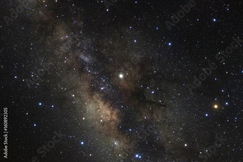 Close up of Milky way galaxy with stars and space dust in the universe, Long exposure photograph, with grain.
