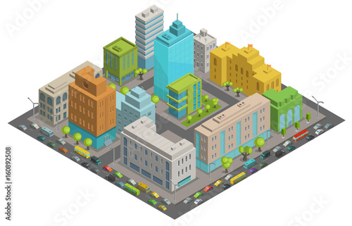 Buildings city streets quarter roads and traffic isometric 3d vector illustration City landscape, top view.