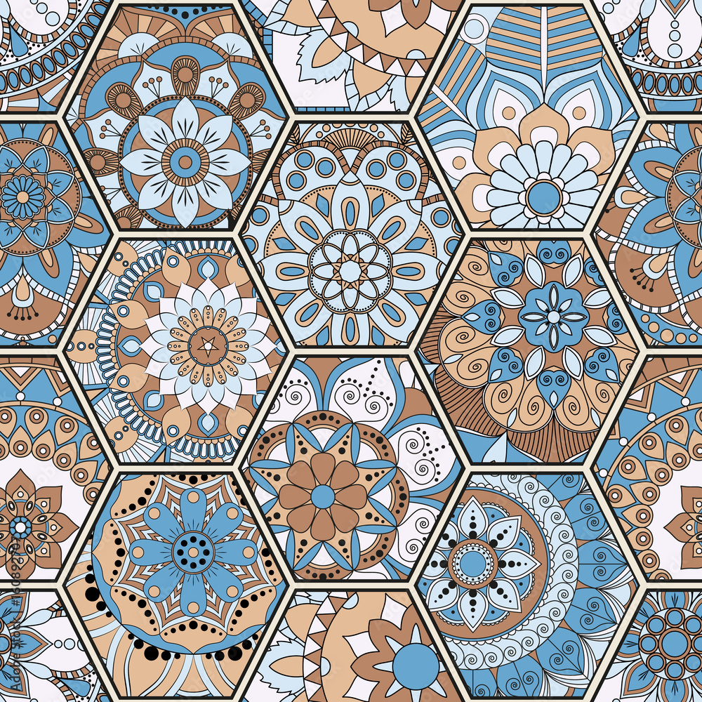 Luxury oriental tile seamless pattern. Colorful floral patchwork background. Mandala boho chic style. Rich flower ornament. Hexagon design elements. Portuguese moroccan motif. Unusual flourish print.
