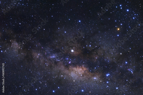 Close up of Milky way galaxy with stars and space dust in the universe  Long exposure photograph  with grain.