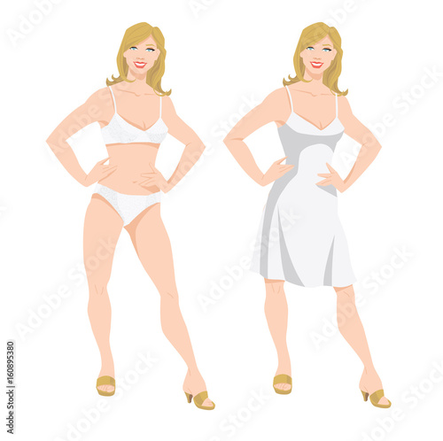 Vector illustration of blonde girls in lace underwear and dress on white background