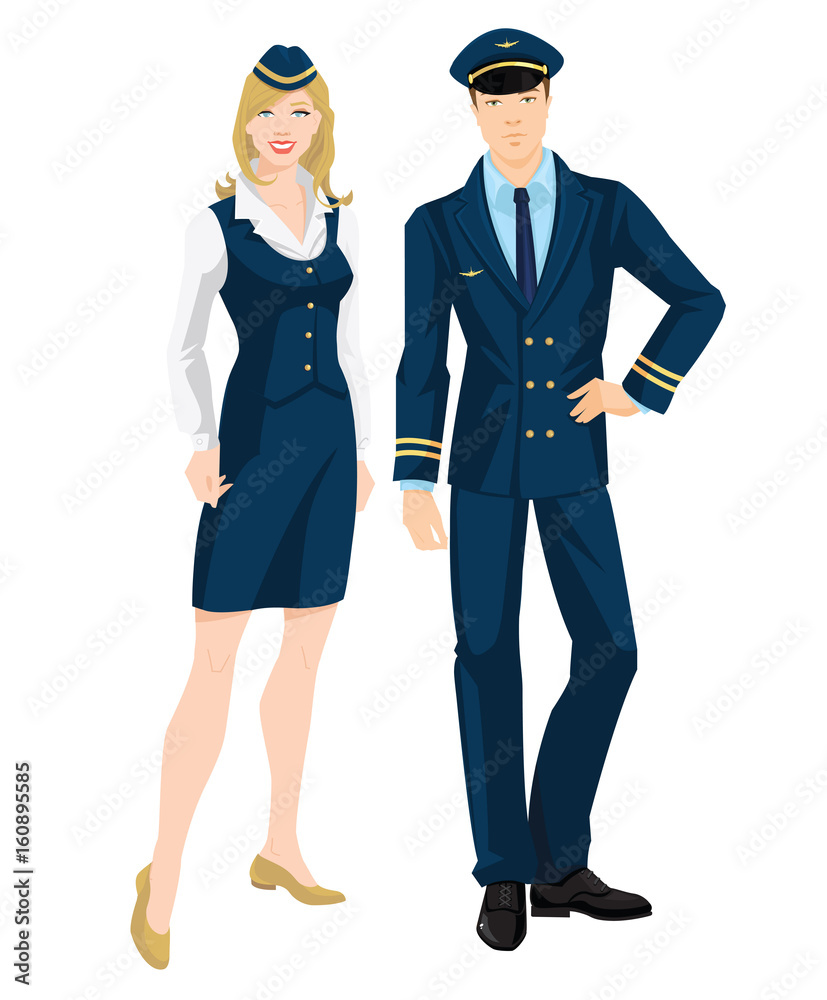 Vector illustration of pilot and stewardess in formal clothes on white background. Vector illustration of pilot and stewardess in formal clothes on white background.