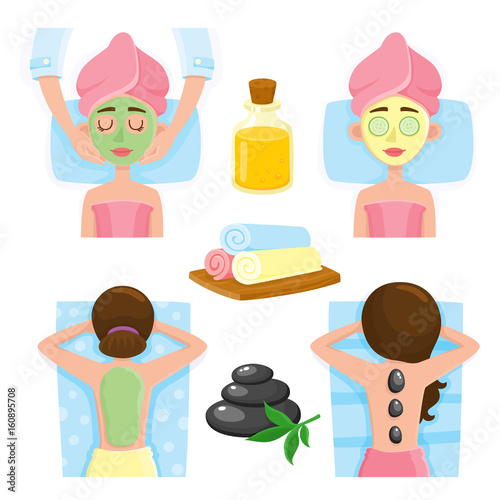 Set of spa salon precedures and accessories, cartoon vector illustration on white background. Top view picture of woman getting back, facial mask and massage, spa salon treatments and accessories