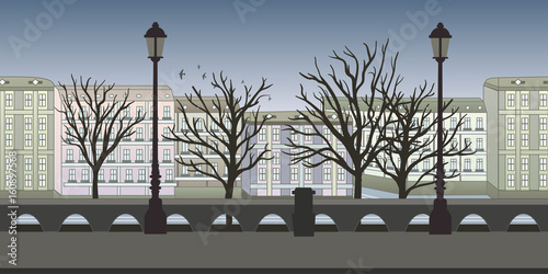 Seamless unending background for arcade game or animation. European city street with buildings, trees and lampposts. Vector illustration, parallax ready.