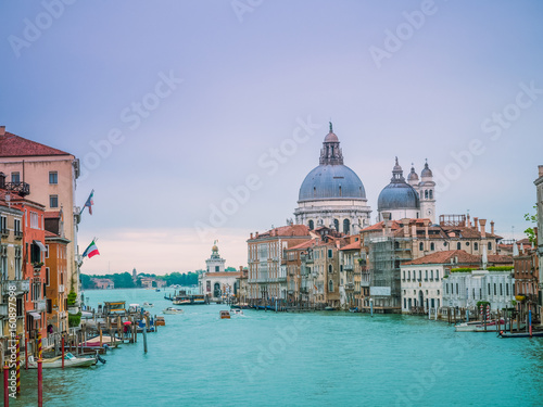 Beautiful view of famous Canal Grande with Basilica di Santa Maria della Salute. View of Canal Grande from Accademia's bridge. Venice, Italy. © Surajet.L