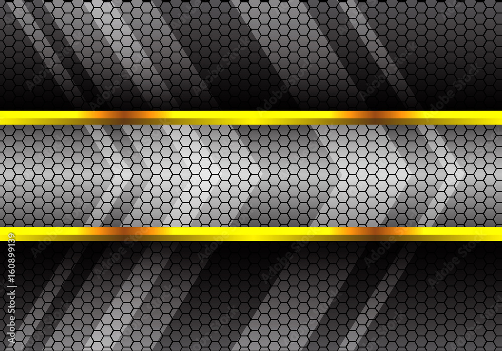 Abstract gray arrow in black hexagon mesh and gold line design modern ...