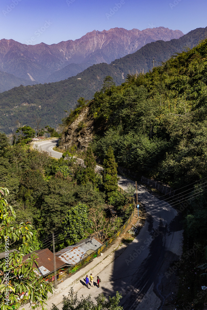 S curve road to Brown mountain near Kangchenjunga mountain that view in the morning in Sikkim, India