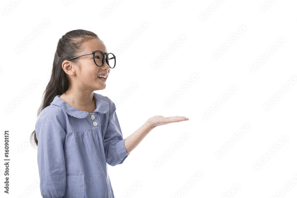 Little asian girl wear glass smiling and lift the empty hand isolate on white backgound, Concept of kid presenting products