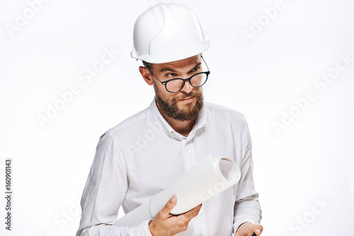 Business man with glasses, businessman in hard hat, businessman with blueprint on isolated background