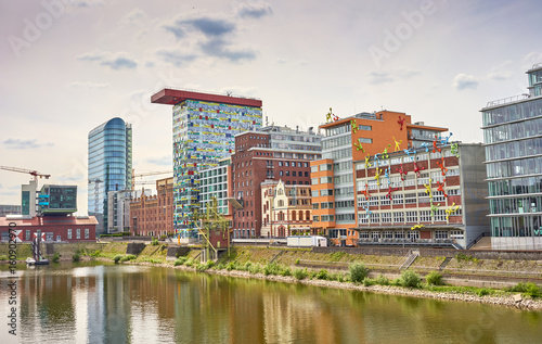 Media Harbor at Rhine in Dusseldorf in Germany   Famous place with buildings from Frank Gehry in Dusseldorf