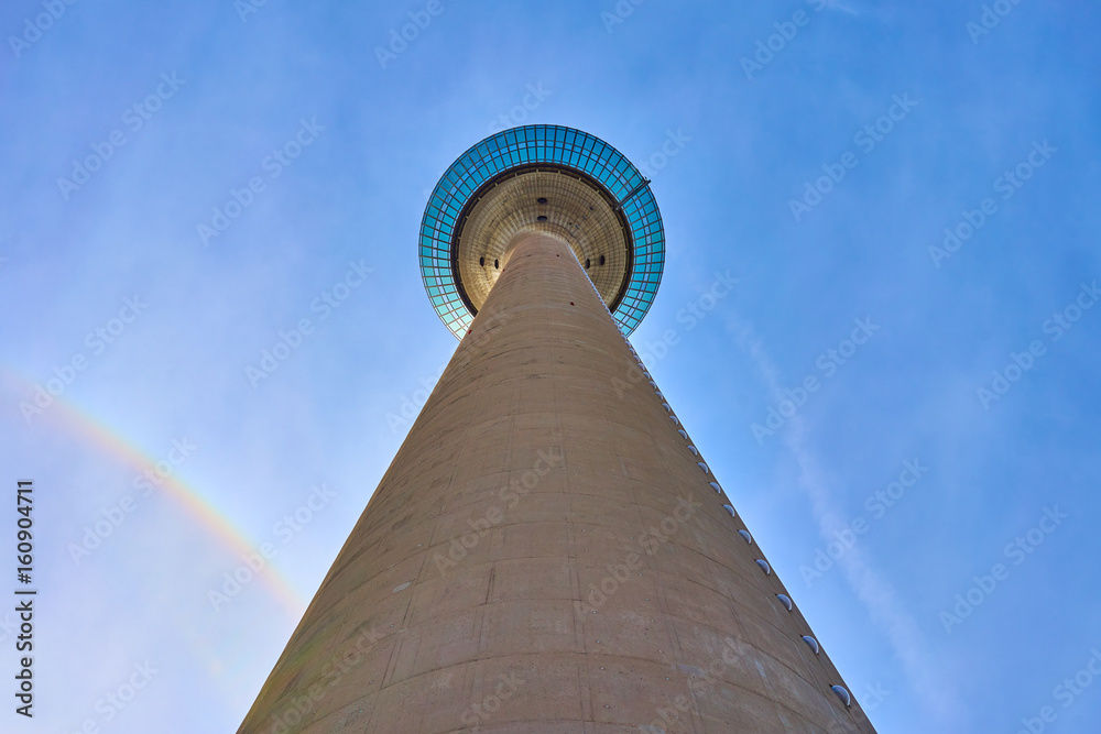 Looking up Rhinetower in Duesseldorf / Tall television tower Looking up Rhinetower in Duesseldorf / Tall television tower