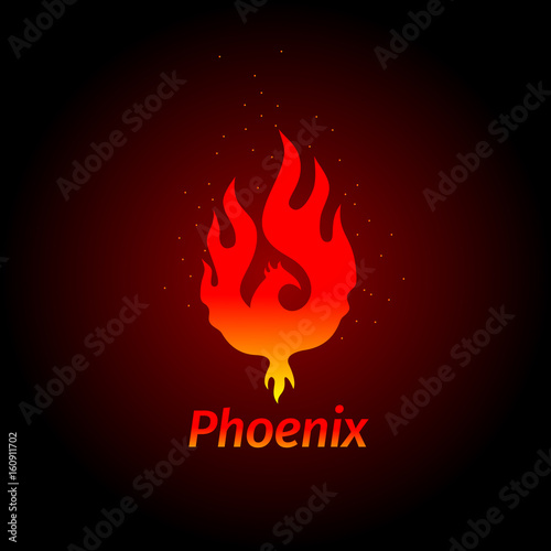 Phoenix logo- creative logo of mythological bird Fenix, a unique bird - a flame born from  ashes. Silhouette of a fire bird. Logo template in form of fire and bird coming out of flame and sparks.