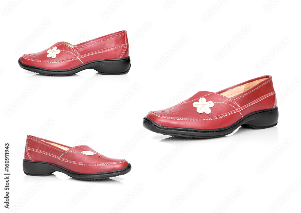 Female Red Shoe on White Background, Isolated Product, Top View, Studio. Female Red Shoe on White Background, Isolated Product, Top View, Studio.