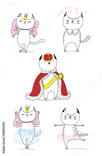 Funny cats: a cat in love with a beautiful princess, a king in a crown, dancing ballet