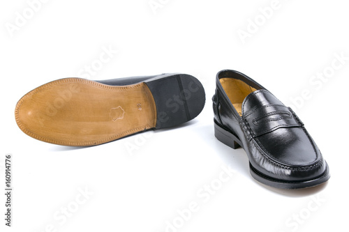 Black Shoe on White Background, Isolated Product, Top View, Studio.