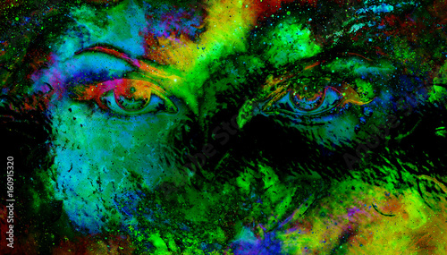 Woman eyes in cosmic background. Eye contact. Glass effect.