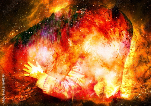 Loving horse and a girl, girl hugging a horse in cosmic space. computer collage. Fire effect.